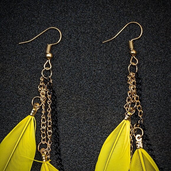 Jewelry earrings feather yellow statement long dangle drop gold tone fashion new - Picture 4 of 5